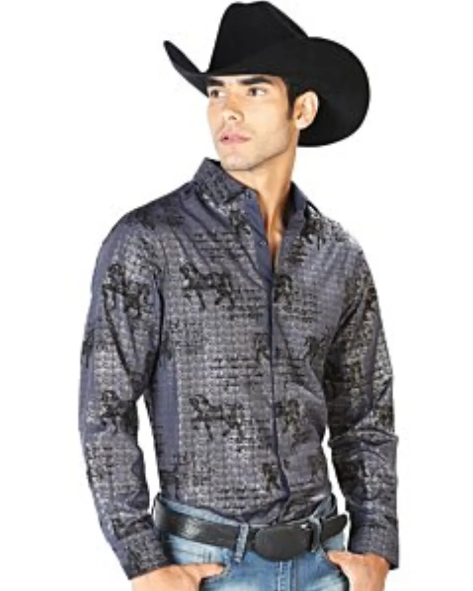 Camisa El Señor De Los Cielos 43598 Color Navy Con Caballos Negros