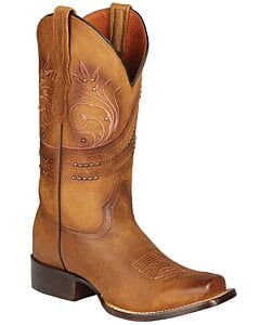 El General 44852 women's cowgirl boots in honey Crazy leather with Rodeo toe, leather outsole, and decorative studs.