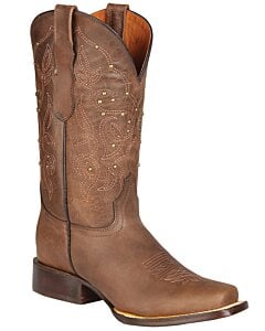 El General 44853 women's cowgirl boots in brown Alazan leather with Rodeo toe, leather outsole, and elegant Western embroidery.