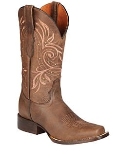 El General 44854 women's Western boots in brown Alazan leather with intricate embroidery, Rodeo toe, and leather outsole.