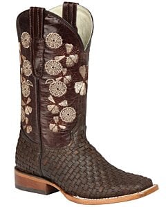 El General 44855 women's cowgirl rodeo boots in brown Petatillo Crazy leather, featuring a Texas toe, leather outsole, and floral embroidery.