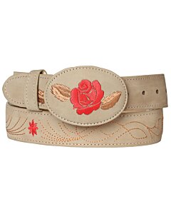Cinturón para mujer El General 125465 en piel nubuck color arena, con bordado floral y diseño de rosa roja en el centro.