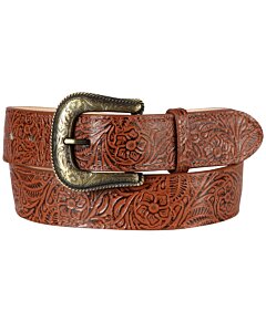Cinturón Vaquero de Piel Cincelada para Mujer en Color Coñac con Diseño Floral y Hebilla en Tono Bronce, Hecho en México.