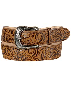 Cinturón Vaquero de Piel Cincelada para Mujer con Diseño Floral y Hebilla Plateada, Color Orix, Hecho en México.
