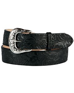 Cinturón Vaquero de Piel Cincelada para Mujer en Color Negro con Diseño Floral y Hebilla Plateada, Hecho en México.
