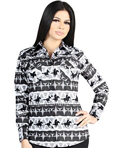 Camisa Vaquera para Mujer con Estampado Cowboy en Blanco y Negro, Manga Larga – El General 44479
