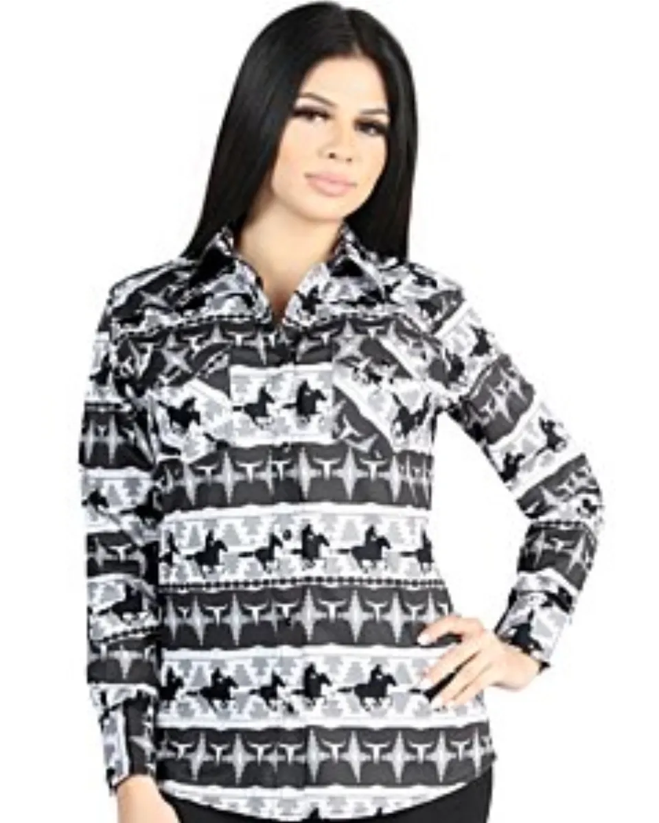 Camisa Vaquera para Mujer con Estampado Cowboy en Blanco y Negro, Manga Larga – El General 44479
