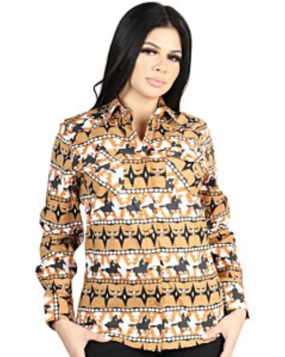 Camisa Vaquera para Mujer Taupe con Estampado de Cowboy – El General 44481