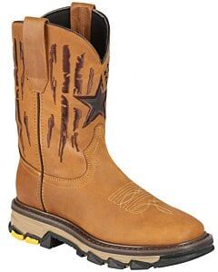 Botas de trabajo vaqueras para hombre en piel Crazy color miel, con horma cuadrada Malibu, bordado de estrellas y suela de hule, modelo El General 44690.
