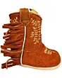 Rust Suede Leather Baby Western Boots with Golden Embroidery, Fringe Details, Lateral Zipper, Cushioned Leather Insole, and Synthetic Outsole.