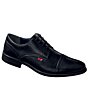 Men’s black leather Oxford dress shoes featuring a sleek cap toe and fine stitching, ideal for business and formal occasions.