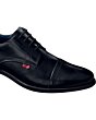 Close-up of black leather dress shoes, highlighting the cap toe detailing and premium craftsmanship.