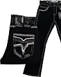 Men's black modern boot cut jeans featuring intricate embroidered back pockets and high-quality contrast stitching by Lamasini.