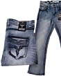 Men's light blue modern boot cut jeans featuring embroidered back pockets and stylish contrast stitching by Lamasini.