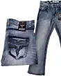 Men's light blue modern boot cut jeans featuring embroidered back pockets and stylish contrast stitching by Lamasini.