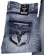 Closeup of the embroidered pocket design on men's light blue modern boot cut jeans by Lamasini, showcasing unique stitching and textured details.