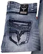 Closeup of the embroidered pocket design on men's light blue modern boot cut jeans by Lamasini, showcasing unique stitching and textured details.