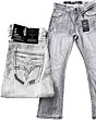 Men's white modern boot cut jeans with intricate embroidered back pockets and subtle distressed detailing by Lamasini.