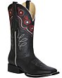 Bota De Mujer Rodeo Texas Negra con flores rojas bordadas en lo alto del tubo.