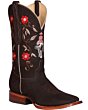 Bota Rodeo Café De Mujer con bordado de flores rojas y mujer charra cabalgando.