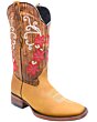 Bota Vaquera Rodeo De Mujer WD 11-489 Color Miel Con Flores Rojas