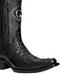 El General 45081 Black Caiman Hornback Cowboy Boots with Versace toe shape, leather outsole, and cushioned leather insole. Cloe up.