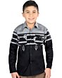 Niño usando una camisa Western tribal en gris y negro con botones de presión y opción para combinar con la versión para hombre.