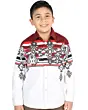 Boy wearing a burgundy and white tribal Western shirt with bold patterns and snap-button closure, matching men’s version available.