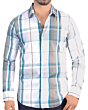 Close-up view of the plaid pattern on Men's Blue and Gray Plaid Long Sleeve Shirt - Lamasini 3016.