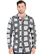 Model wearing Men's Geometric Print Long Sleeve Shirt - Lamasini 0110, featuring a modern fit and bold black and white geometric pattern.