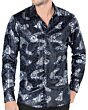 Vista frontal de la Camisa con Estampado de Remolinos Florales Azul Marino para Hombre - Lamasini 4451, con mangas largas y un detallado patrón de remolinos florales en azul marino y plateado.