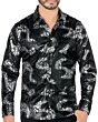 Vista frontal de la Camisa con Estampado de Remolinos Florales Negra para Hombre - Lamasini 4451, con mangas largas y un detallado patrón de remolinos florales en negro y plateado.