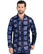 Model wearing Men's Geometric Print Shirt - Lamasini 0110, featuring a modern fit and bold blue geometric pattern.