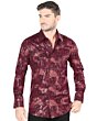 Model wearing Men's Burgundy Chain Print Shirt - Lamasini 0102, showcasing a modern fit with an intricate chain print over a geometric background in a rich burgundy color.