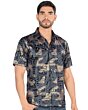 Montero 0799 camisa gris de manga corta para hombre con patrón geométrico en negro, gris y dorado