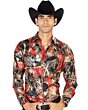 Camisa El Señor De Los Cielos 43569 Con Estampado Negro, Rojo y Oro