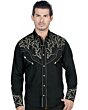 Men's black western shirt with gold embroidery, snap buttons, and a classic cowboy style by El General.