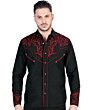 Men's black western shirt with red embroidery, snap buttons, and a classic cowboy design by El General.