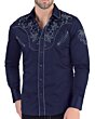 Lamasini 2206 Men's Navy Long Sleeve Western Shirt with Embroidery - detailed view of embroidery on chest, shoulders, and sleeves.