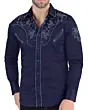 Camisa Vaquera de Hombre Lamasini 2206 de Manga Larga Azul Marino con Bordado - vista detallada del bordado en el pecho, los hombros y las mangas.