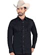 Vista frontal de la Camisa Vaquera de Hombre Lamasini 2206 de Manga Larga Negra con Bordado, usada con un sombrero vaquero beige.