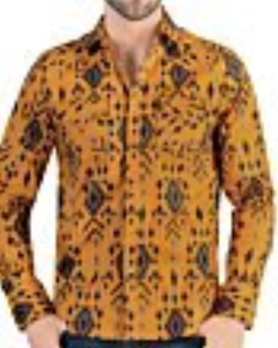 Close-up view of the tribal pattern on Men's Camel Long Sleeve Shirt Lamasini 0105.
