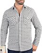 Close-up view of the black geometric pattern on Men's White Long Sleeve Shirt - Lamasini 0114.