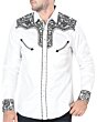 Vista lateral de la Camisa Vaquera Bordada Blanca - Lamasini 2203, destacando el intrincado bordado negro en el canesú y los puños.