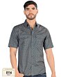 Front view of Men's Navy Short Sleeve Shirt with Yellow Geometric Pattern - Lamasini 0114.