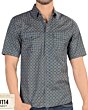 Close-up view of the yellow geometric pattern on Men's Navy Short Sleeve Shirt - Lamasini 0114.