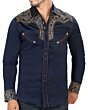 Close-up view of Men's Navy Western Embroidered Shirt - Lamasini 2203, highlighting the detailed gold embroidery on the yoke and cuffs.