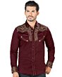 Model wearing Men's Burgundy Western Embroidered Shirt - Lamasini 2203, showcasing detailed embroidery and snap button front.