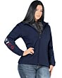 Shot of a woman wearing the Danesi 4052 Navy jacket, highlighting its fitted silhouette and stylish design.