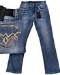 Men’s modern-fit light blue jeans with bold geometric embroidery on back pockets, Montero 4623.